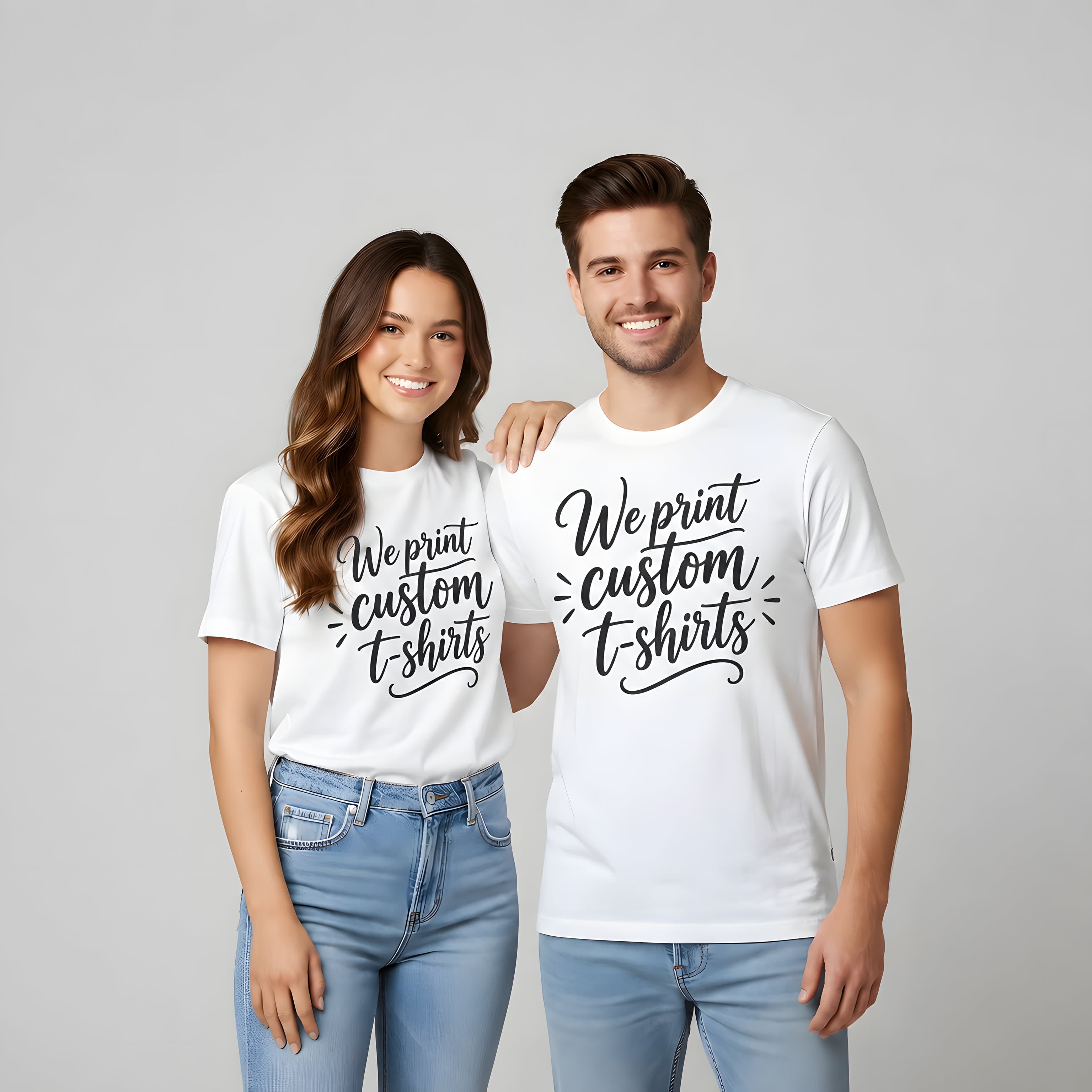 A young woman and man smiling in white t-shirts printed with “We print custom t-shirts”